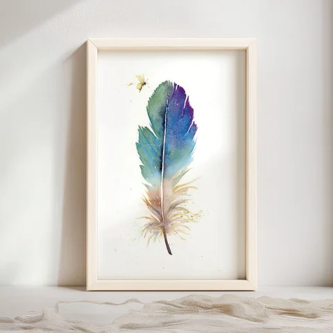 Image of a feather watercolor painting by Shayna Larsen, originals & prints available
