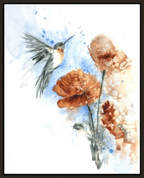 Image of a hummingbird watercolor painting by Shayna Larsen, originals & prints available