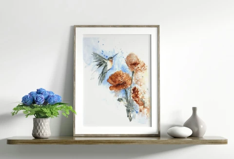 Image of a hummingbird watercolor painting by Shayna Larsen, originals & prints available
