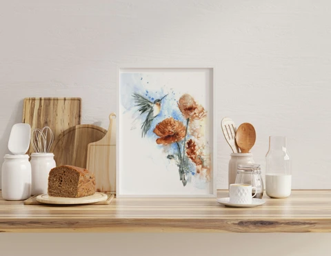 Image of a hummingbird watercolor painting by Shayna Larsen, originals & prints available