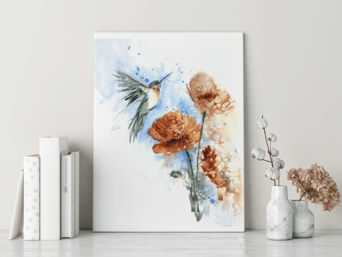 Image of a hummingbird watercolor painting by Shayna Larsen, originals & prints available