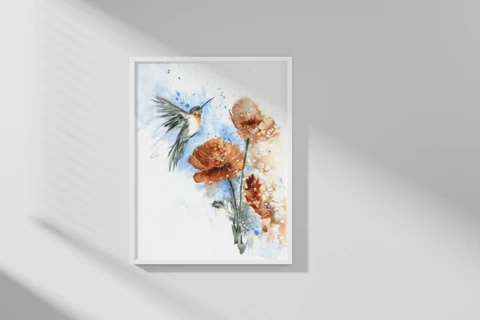 Image of a hummingbird watercolor painting by Shayna Larsen, originals & prints available
