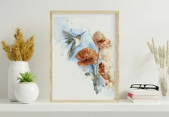 Image of a hummingbird watercolor painting by Shayna Larsen, originals & prints available