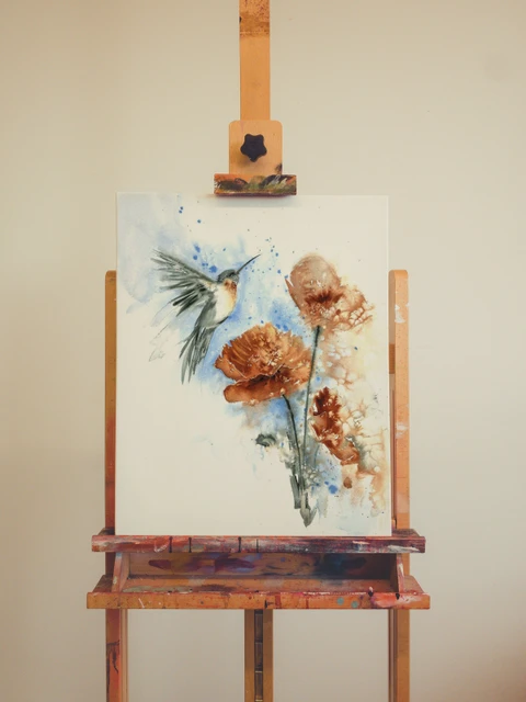 Image of a hummingbird watercolor painting by Shayna Larsen, originals & prints available