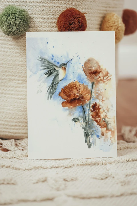 Image of a hummingbird watercolor painting by Shayna Larsen, originals & prints available