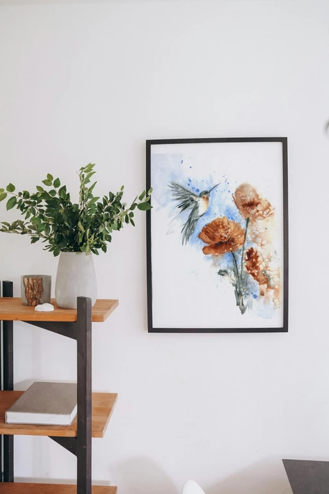 Image of a hummingbird watercolor painting by Shayna Larsen, originals & prints available