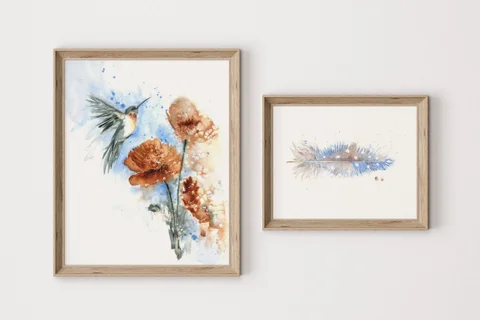 Image of a hummingbird watercolor painting by Shayna Larsen, originals & prints available