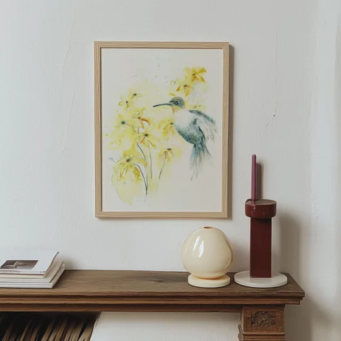 Image of a hummingbird watercolor painting by Shayna Larsen, originals & prints available