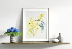 Image of a hummingbird watercolor painting by Shayna Larsen, originals & prints available