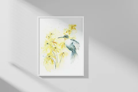 Image of a hummingbird watercolor painting by Shayna Larsen, originals & prints available