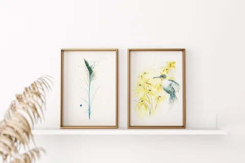 Image of a hummingbird watercolor painting by Shayna Larsen, originals & prints available