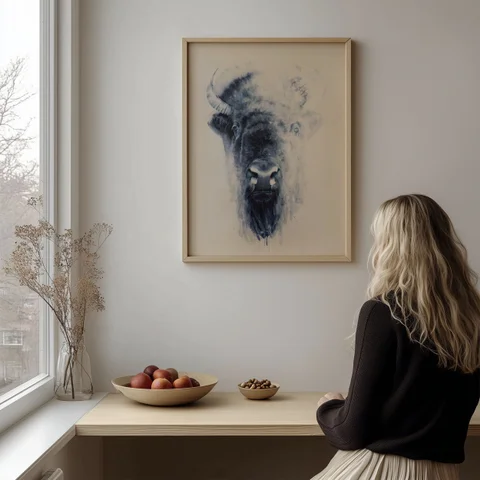 Image of a buffalo watercolor painting by Shayna Larsen, originals & prints available