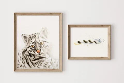 Image of a ocelot watercolor painting by Shayna Larsen, originals & prints available