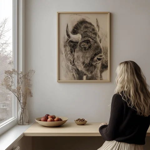 Image of a buffalo watercolor painting by Shayna Larsen, originals & prints available
